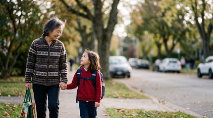 Fototapeta premium East Asian grandmother walks her granddaughter to elementary school, holding hands, with genuine smiles, warmth and responsibility, copy space with a back to school concept