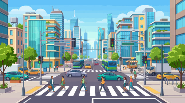 Busy City Street with Pedestrians Crossing a Zebra Crossing