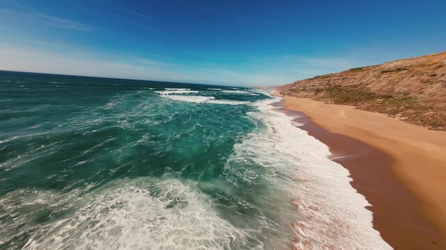 Top down drone shot of deep blue sea water texture and coastal waves