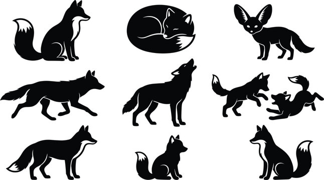 Fox and Wild Canine Silhouette Icon Set Featuring Fennec, Red Fox, Kits, Sleeping, and Howling Behaviors for Woodland Nature Designs