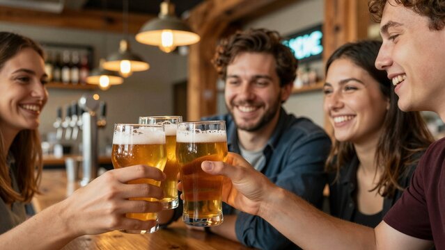 A diverse group of smiling young adults clinking golden beer glasses in celebration while seated together at a wooden bar counter inside a cozy pub.