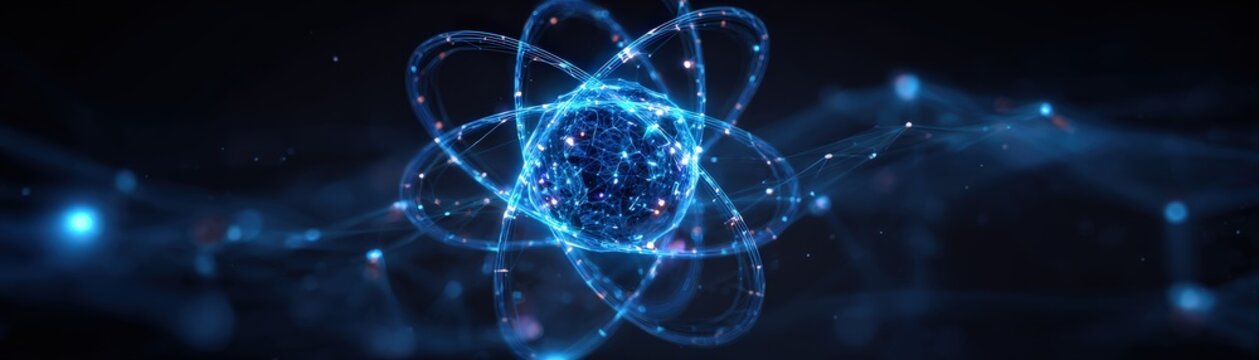 A glowing blue atomic structure with interconnected particles and orbiting paths, set against a dark background, symbolizing advanced science and technology.