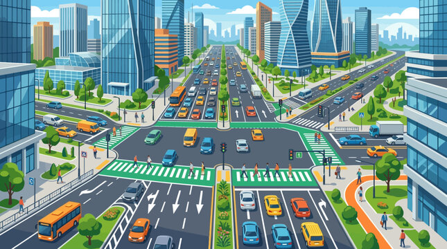 Busy Urban Intersection with Traffic and Modern Skyscrapers, City Life