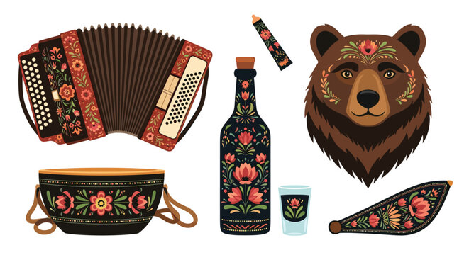Collection of traditional Russian folk art items including an accordion, bear head, bottle, and handbag with floral designs.