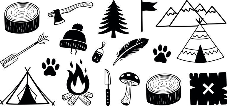 Adventure camping vector illustration set with mountain tent teepee campfire axe log and wilderness outdoor exploration icons bundle