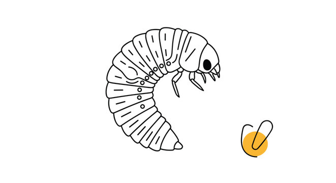 Line drawing of a grub or larva curled up next to some seeds and a sprout on a white background for biology and gardening.