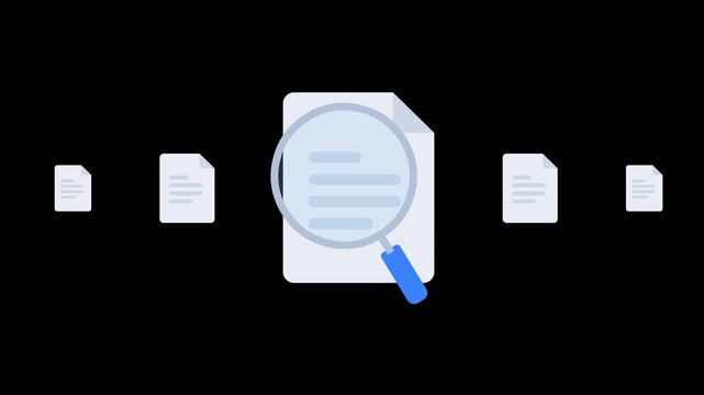 animated document search with magnifying glass and transparent background