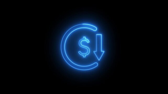 Abstract Neon Glowing Dollar Rate Decrease Icon on Black Background, Financial Downtrend, Currency Exchange Decline, 4K Loop Motion Graphics