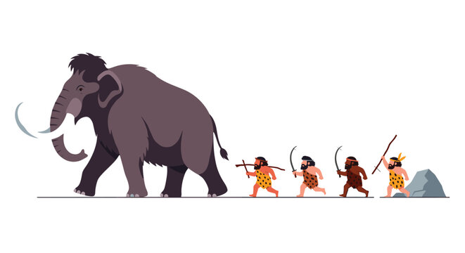 Giant woolly mammoth walking across a white landscape followed by a group of cavemen with spears and clubs for history art.