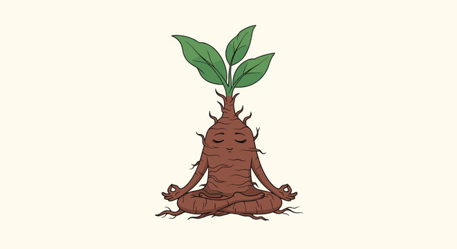 Cute mandrake root creature with leaves growing from its head sits in a calm meditation pose with eyes closed.