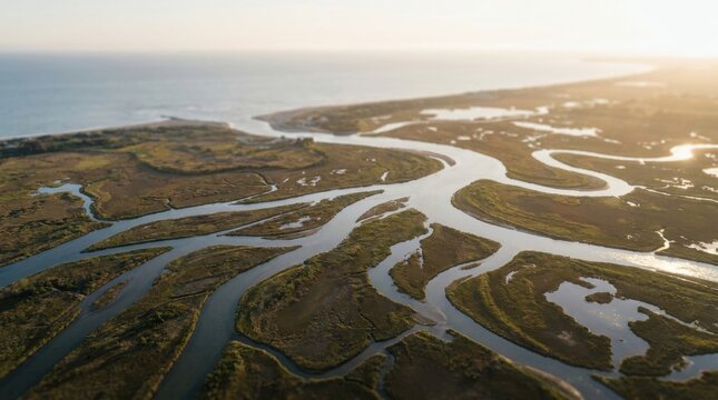 Winding River Delta at Sunset: Aerial view of a vast river delta, its tributaries snaking through marshland towards the ocean as the sun sets, casting a warm, golden light over the serene landscape.