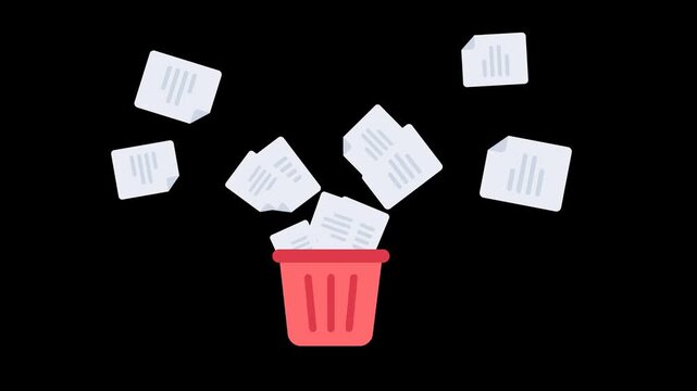 animated delete document into trash bin with transparent background