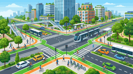 Naklejka premium Green city street intersection with tram, bikes, pedestrians and cars