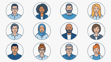 Fototapeta premium Professional Diverse Team Icons Set of 12 Smiling Individuals in Business Attire with Headphones and Glasses
