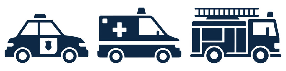 Emergency Vehicle Icons Featuring Police Car, Ambulance and Fire Truck on Light Blue Background for Healthcare, Fire Rescue and Law Enforcement © gevan