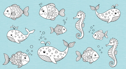 Naklejka premium Charming collection of hand-drawn sea creature sketches including whales, fish, and seahorses with heart and swirl patterns.