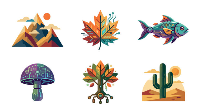 A collection of nature icons merging biology and technology. Includes mountains, leaves, fish, mushrooms, trees, and cacti in a stylized, modern, and colorful vector art design style.