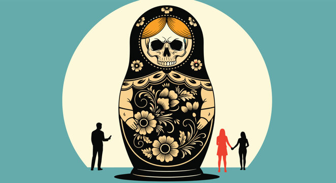 Mysterious matryoshka doll with a skull face design surrounded by silhouettes of people on a stylized circular background.