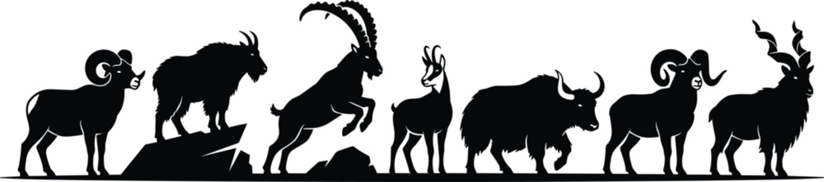 Mountain Goat and Horned Mammal Silhouette Icon Set Featuring Ibex, Bighorn Sheep, Yak, Chamois, and Ram for Wild Nature Designs