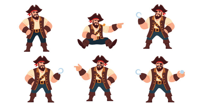 Character sheet of a cartoon pirate showing various poses including standing, sitting, and pointing with his hook hand.