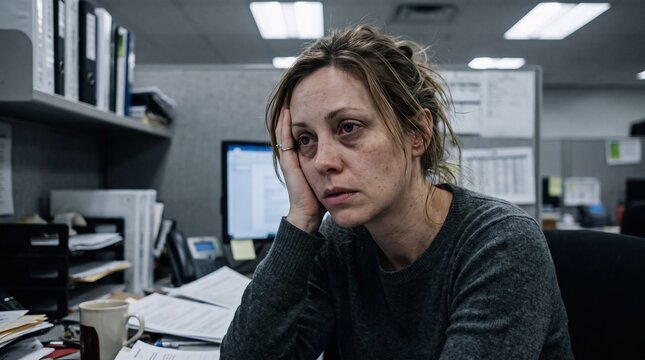 Exhausted Caucasian Woman Showing Workplace Burnout and Mental Fatigue Studio Portrait