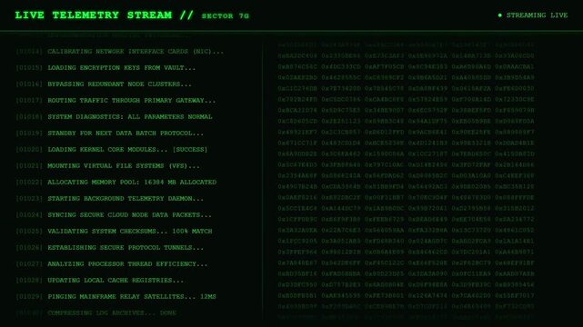 Live Telemetry Stream Sector Streaming Hexadecimal Kernel Dashboard Animation Green Cyber Loop.