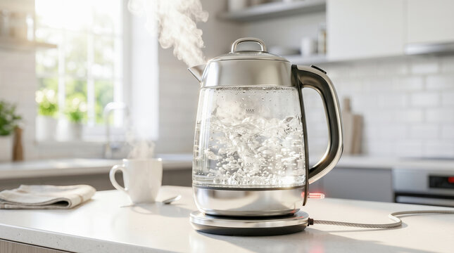 Transparent glass electric kettle boiling hot water producing heavy steam resting upon kitchen counter inside bright modern home interior morning breakfast preparation