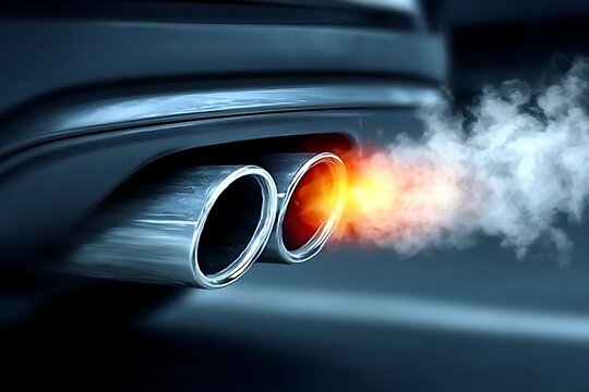 High-Performance Car Exhaust Emission with Dual Chrome Tips and Visible Smoke in Motion