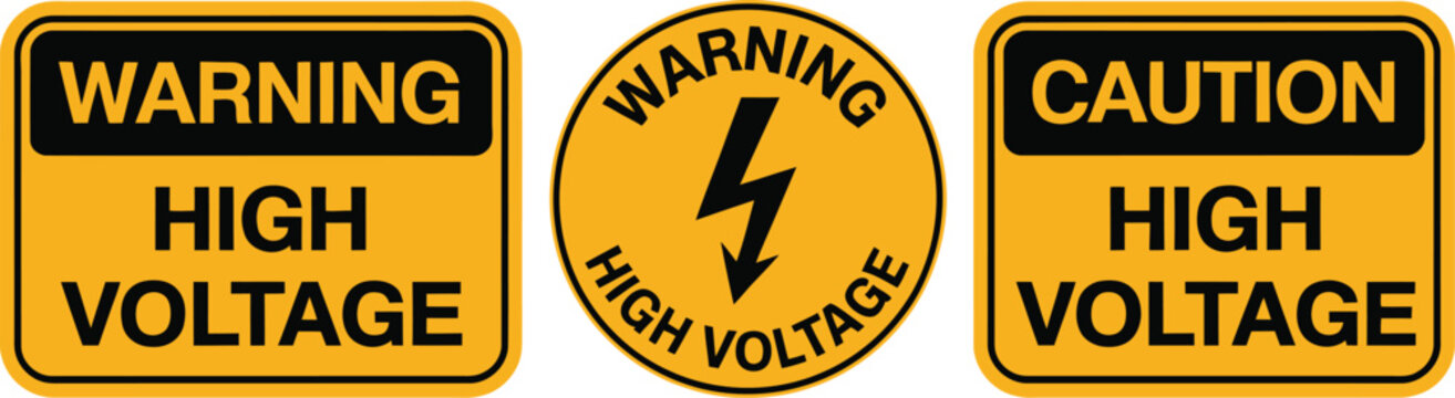 High Voltage danger sign set featuring electrical warning stickers printable labels safety posters and hazard symbols vector