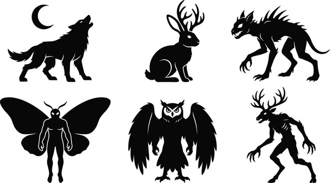 Mythical Cryptid and Folklore Monster Black Silhouette Icon Set Featuring Mothman, Wendigo, Chupacabra, Jackalope, and Werewolf for Halloween Graphic Design Projects