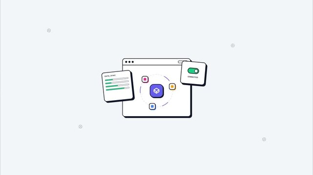 Web browser interface data synchronization elements flat minimalist 2D motion graphic animation digital platform workflow automation concept management tool