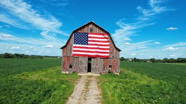 USA Independence Day celebration with American flag on a rustic barn in a green field