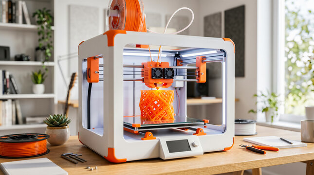 Modern desktop three dimensional printer manufacturing complex orange geometric plastic object resting upon wooden table inside bright sunny home office workspace