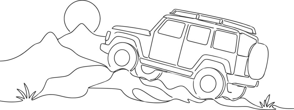 Minimalist Off Road SUV Adventure Continuous One Line Landscape Illustration.