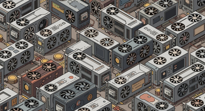 Detailed isometric illustration of multiple high performance computer graphics cards or GPUs arranged in a tight grid.