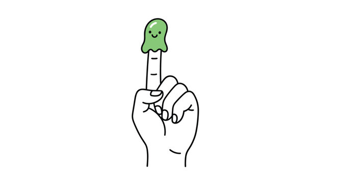 Playful illustration of a human hand with a index finger pointed up and a cute little green slime character on top.