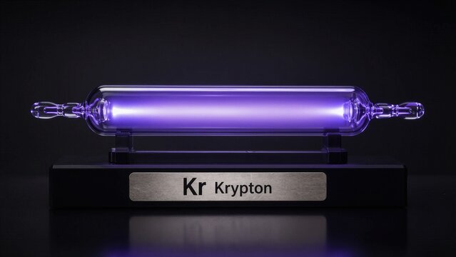 Krypton gas in a glass tube with purple glow displayed on a stand highlighting its chemical symbol and name