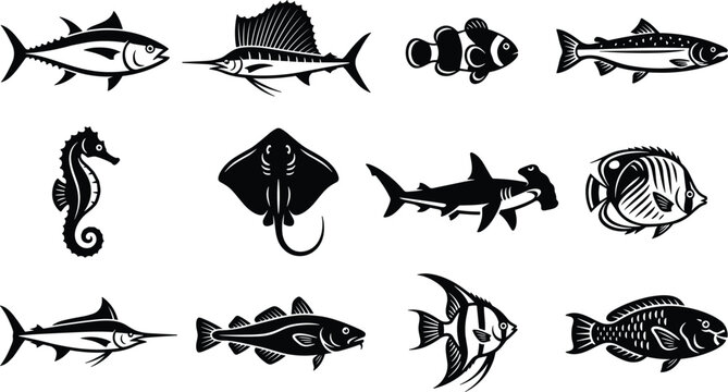 Ocean Fish and Marine Life Black Silhouette Icon Set Featuring Tuna, Sailfish, Seahorse, Stingray, and Hammerhead Shark Vector Designs