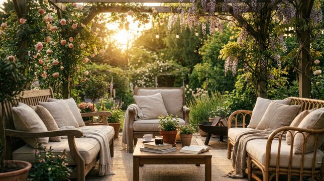 Tranquil Garden Patio Oasis: A beautifully appointed garden patio furnished with comfortable seating, surrounded by lush greenery and blooming wisteria, bathed in the soft.