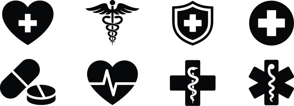 Medical Symbols icon set featuring heart pulse caduceus cross and star of life for healthcare emergency services vector