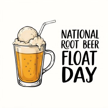 Hand drawn illustration of root beer float and national root beer float day text with beverage national culinary