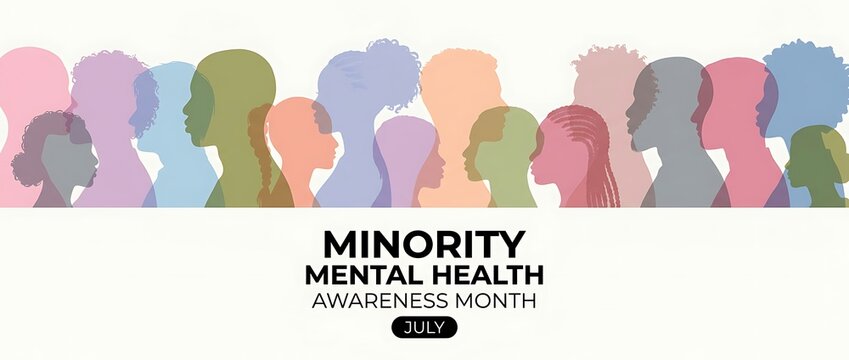 Minority mental health awareness month july diverse people silhouettes profile awareness campaign, diversity inclusion support understanding wellbeing.