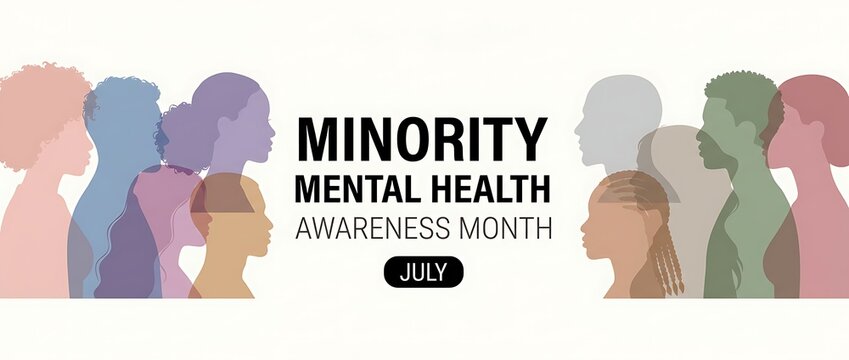 Minority mental health awareness month july diverse people silhouettes profile awareness campaign, diversity inclusion support understanding wellbeing.
