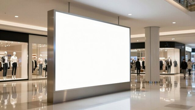 A large empty illuminated billboard stand in a modern shopping mall corridor with reflective floors and blurred background of shops.