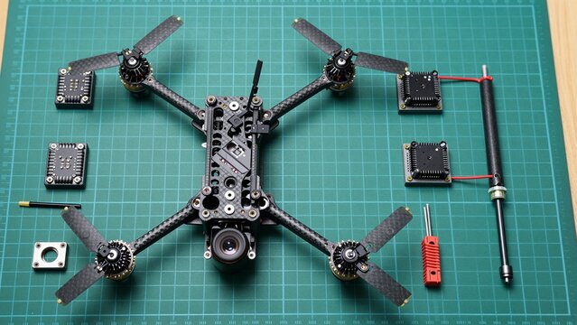 Top-down view of a partially built FPV racing drone with carbon fiber arms and motors, surrounded by flight controllers, antennas, tools, and electronic components.