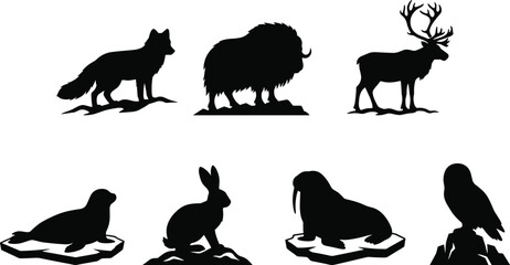 Black Silhouette Vector Collection of Arctic Wildlife Animals Including Fox Reindeer Walrus and Owl © Hello World