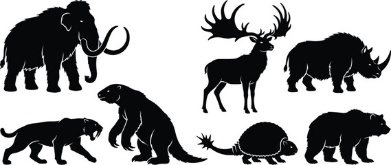 Fototapeta premium Prehistoric Ice Age Megafauna Animal Black Silhouette Icon Set Featuring Woolly Mammoth, Saber Toothed Tiger, Glyptodon, and Megaloceros for Vector Designs