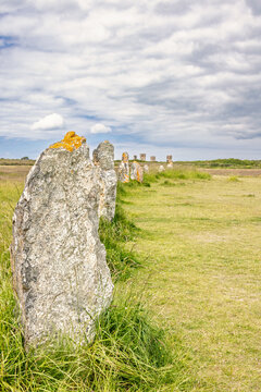 Megalithic stone row on a meadow on the crozon peninsula in France