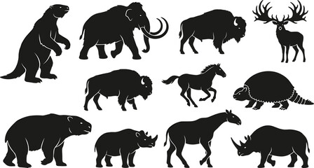 Fototapeta premium Prehistoric Megafauna and Ice Age Extinct Mammal Silhouette Icon Set Featuring Mammoth, Sloth, Bison, and Ancient Wildlife Designs