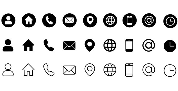 Business Card and Contact Information Icon Set with Name, Address, Phone, Email, Location and Website Symbols. Editable Vector Illustration.